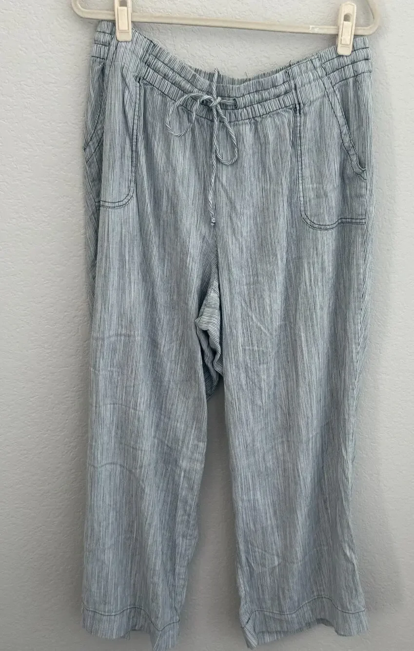 LANE BRYANT Women's Blue Grey Striped Drawstring Wide Leg Linen Pants 18 Coastal